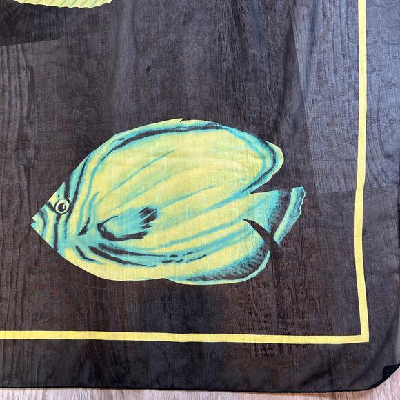 Vintage Tropical Fish Print Scarf by LeJeune | 90s Sheer Black 45x60 Sea Life - Picture 5 of 10